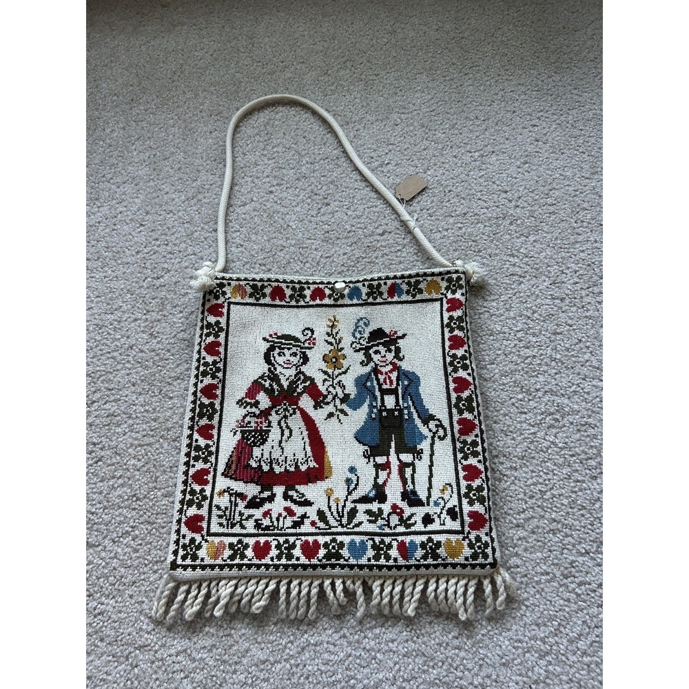 VTG Embroidered Alpine Folk Art Cross Stitch Shoulder Bag Octoberfest Fringe